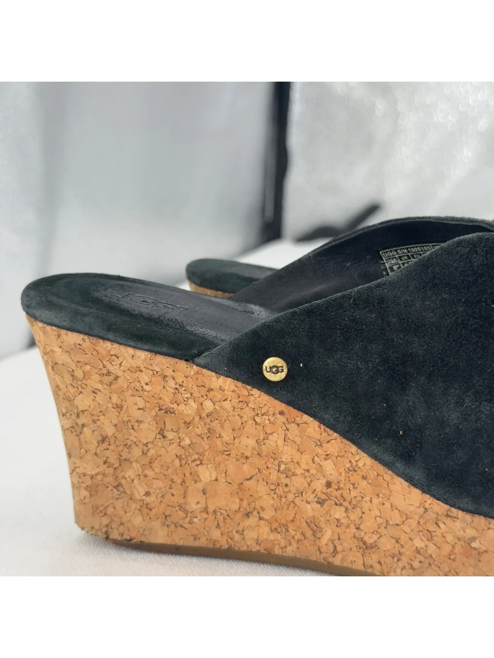 UGG Dominique Leather Slides Sandals 6 Wedge Suede Cork Peep-Toe Platform Black